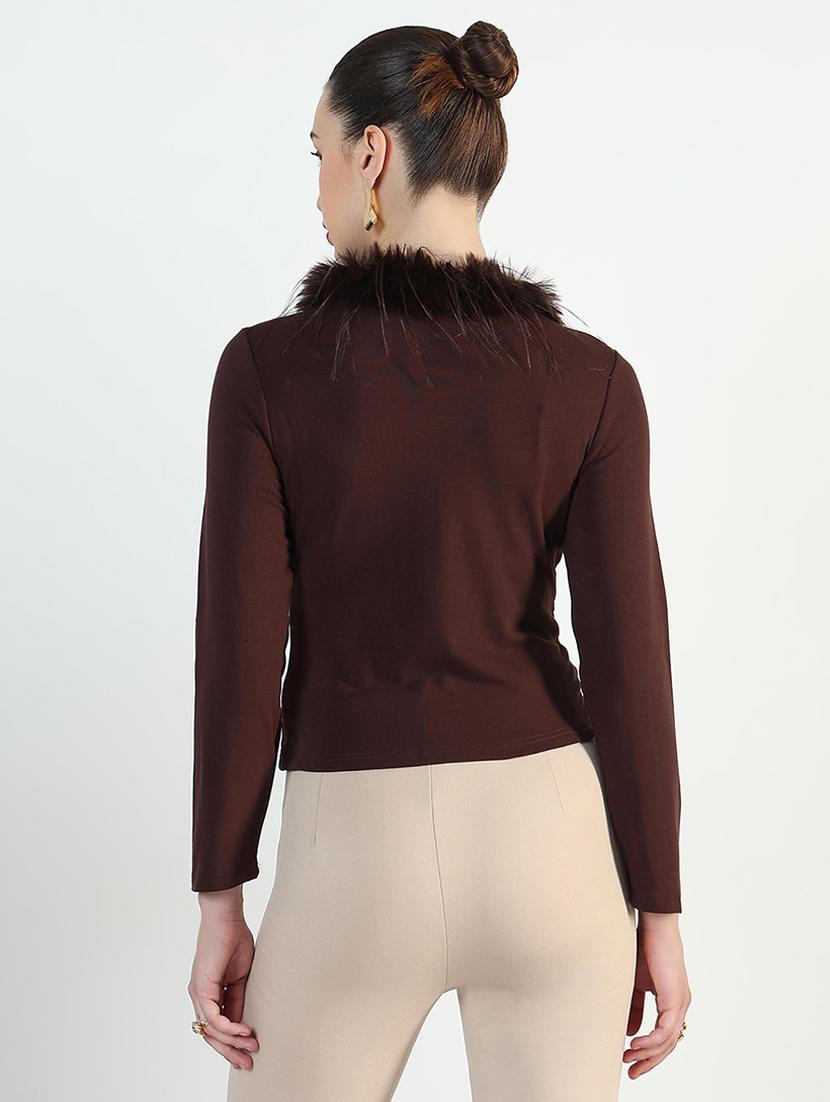 women solid long sleeve fur detailed regular top - 21946373 - Standard Image - 2