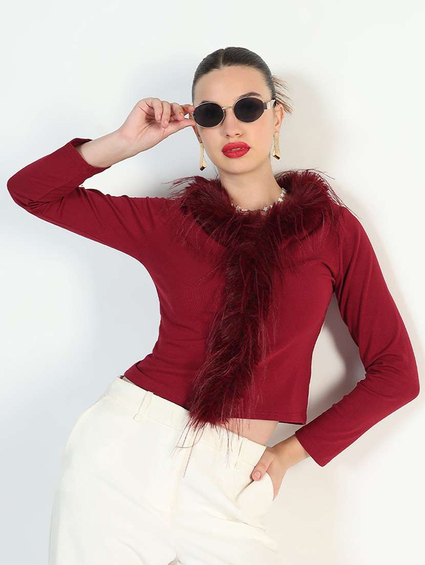 women maroon solid long sleeve fur detailed regular top