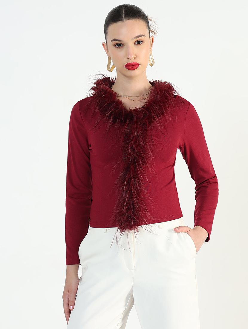 women maroon solid long sleeve fur detailed regular top - 21946374 - Standard Image - 2