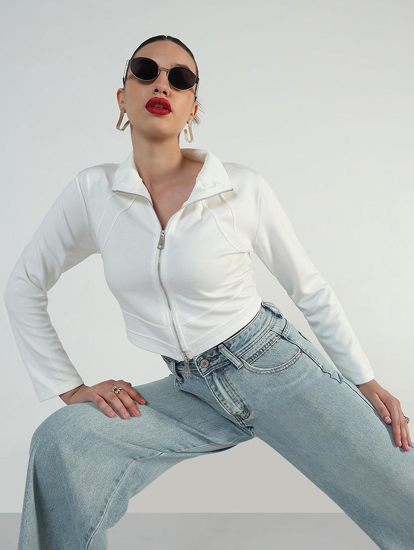 women white solid long sleeve zip up crrop top - 21946375 -  Zoom Image - 0