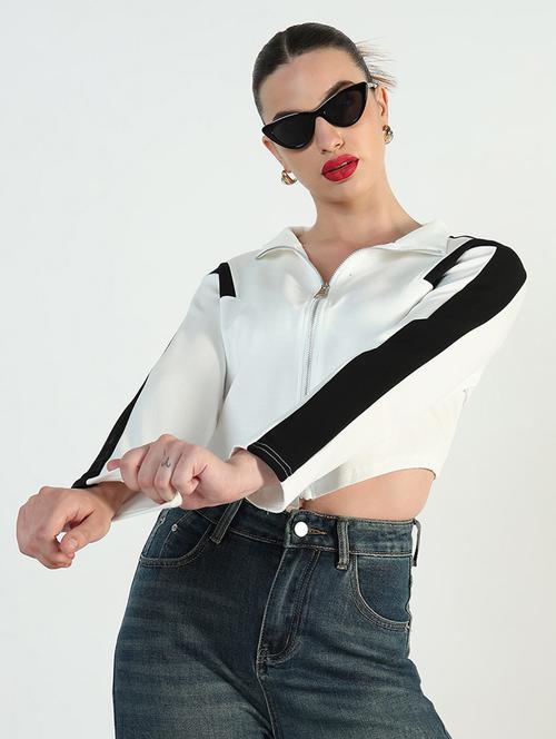 women color blocked long sleeve zip up crop top - 21946376 -  Standard Image - 0