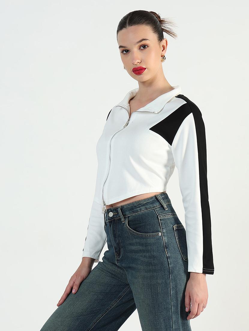 women color blocked long sleeve zip up crop top - 21946376 - Standard Image - 2