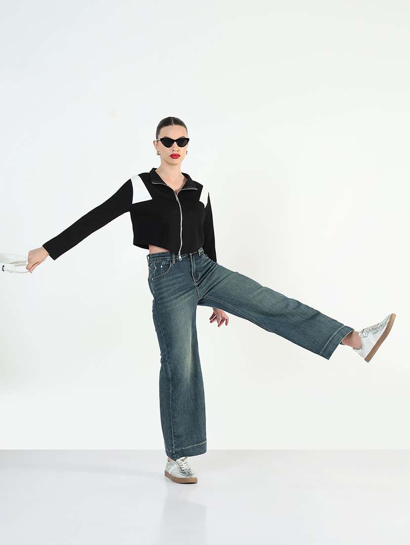 women color blocked long sleeve zip up crop top - 21946377 -  Standard Image - 2