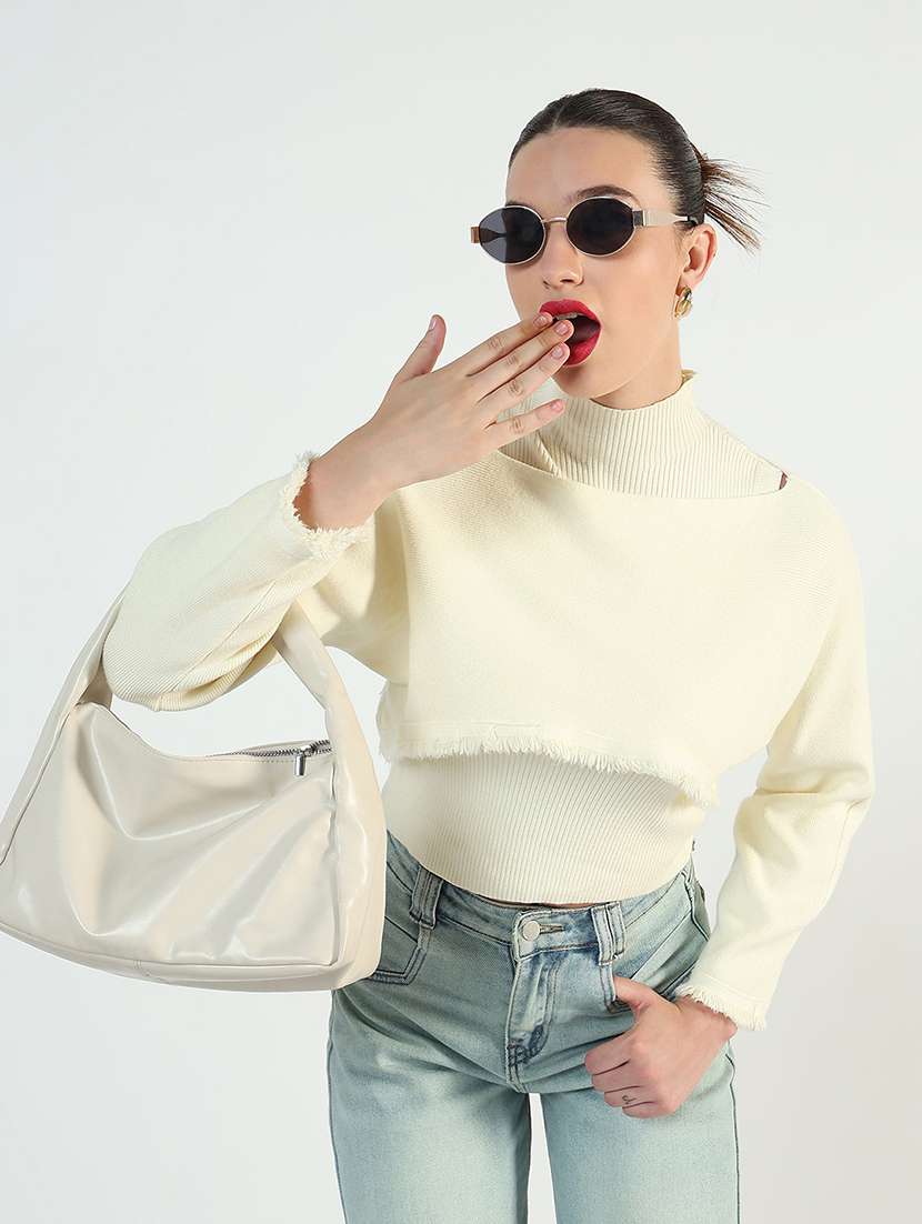 women cream solid long sleeve layered top