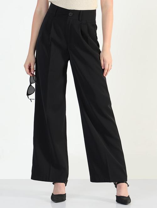 women solid high rise korean pants - 21946389 - Standard Image - 0