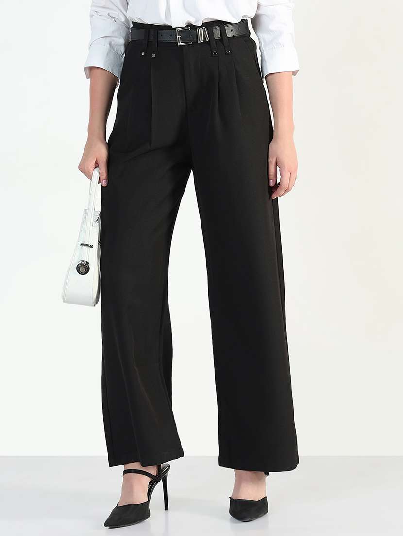 women solid high rise pleated staight trouser