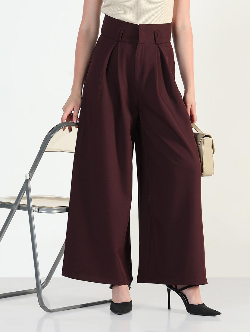 women solid high rise widw leg korean pants 