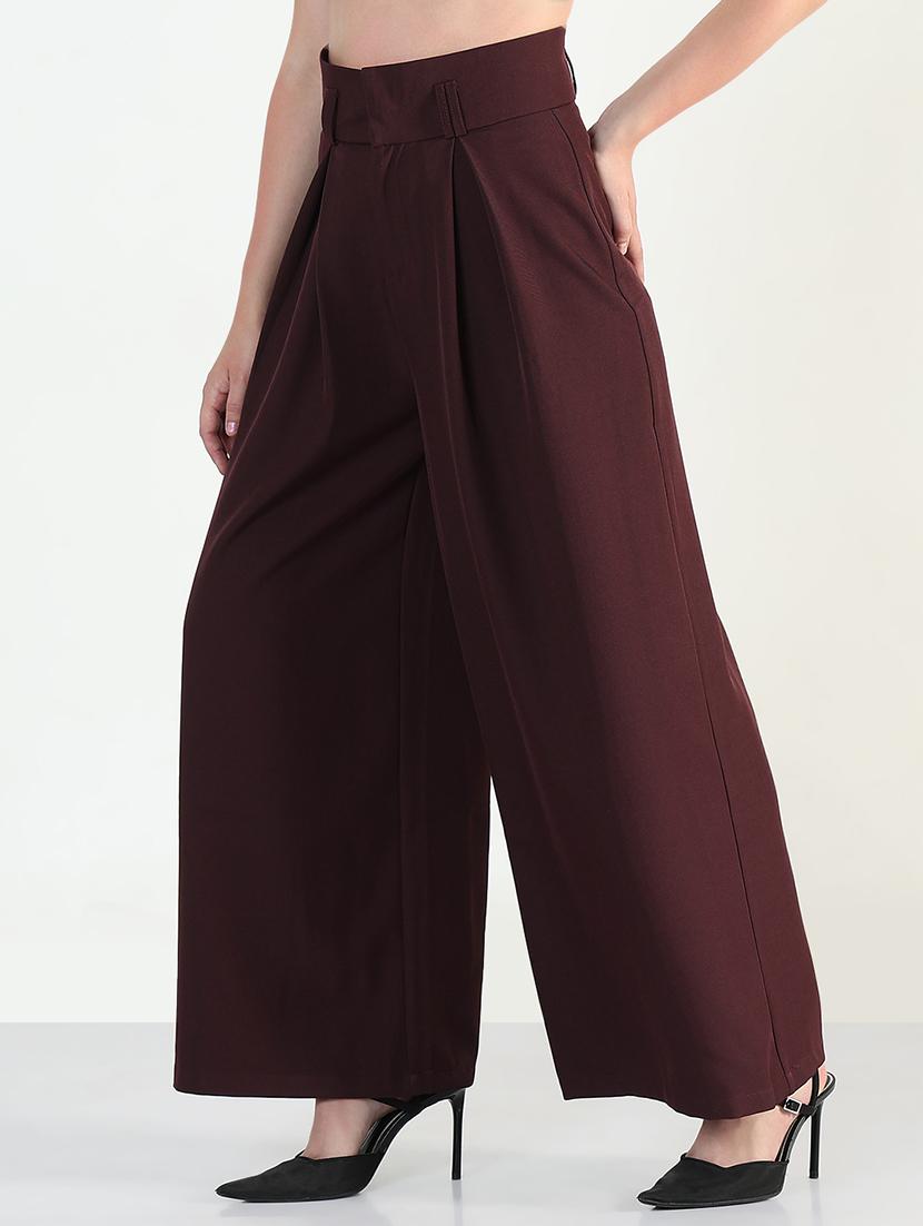 women solid high rise widw leg korean pants - 21946400 - Standard Image - 2