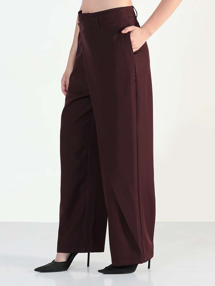 women burgundy solid high rise straight trouser - 21946403 -  Standard Image - 2
