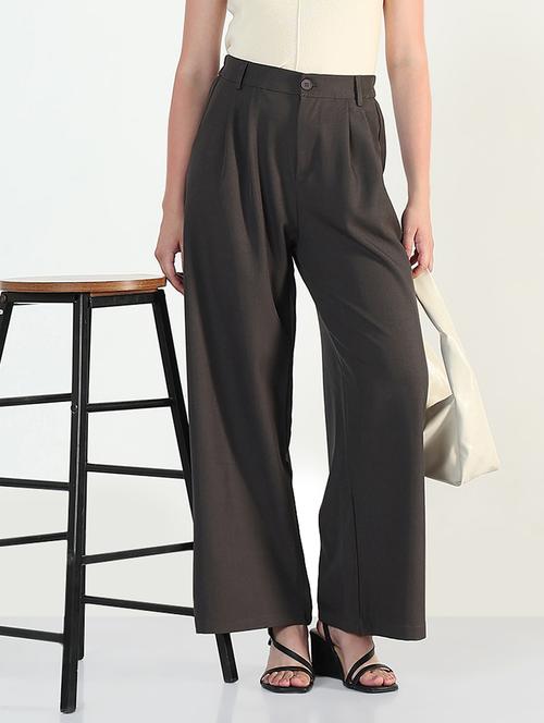 women solid high rise korean pants - 21946405 - Standard Image - 0