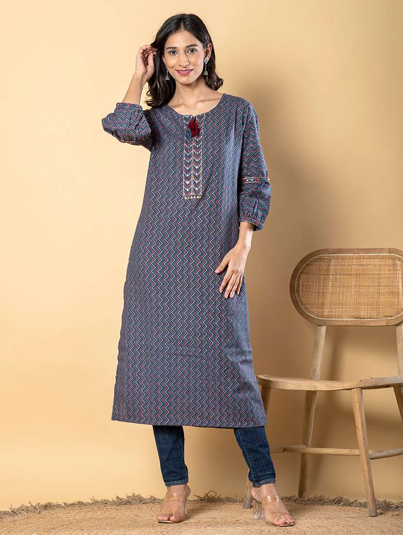 women navy blue long sleeve straight kurta