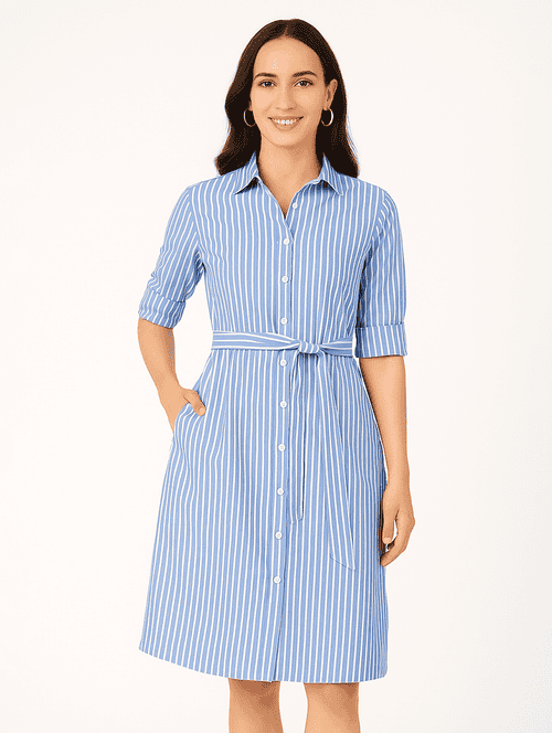 women striped collared short sleeve shirt dress - 21946604 - Standard Image - 0