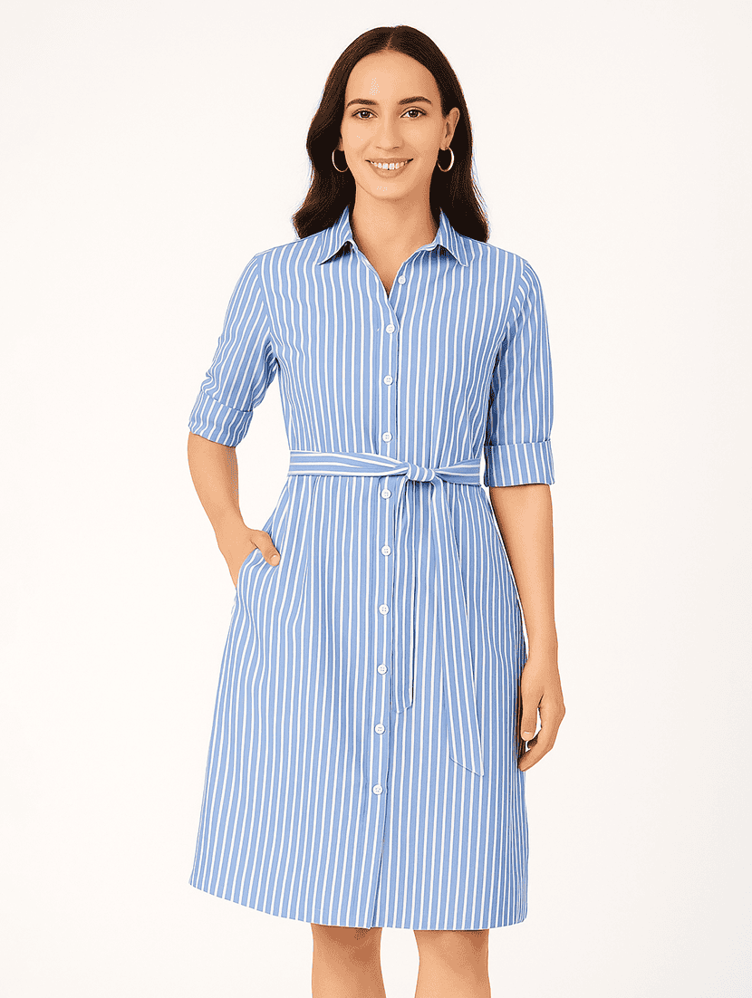 women striped collared short sleeve shirt dress - 21946604 - Zoom Image - 0
