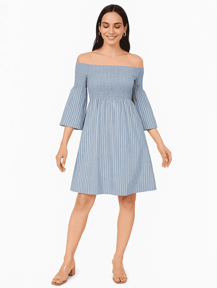 women striped off shoulder a-line dress - 21946611 - Zoom Image - 0