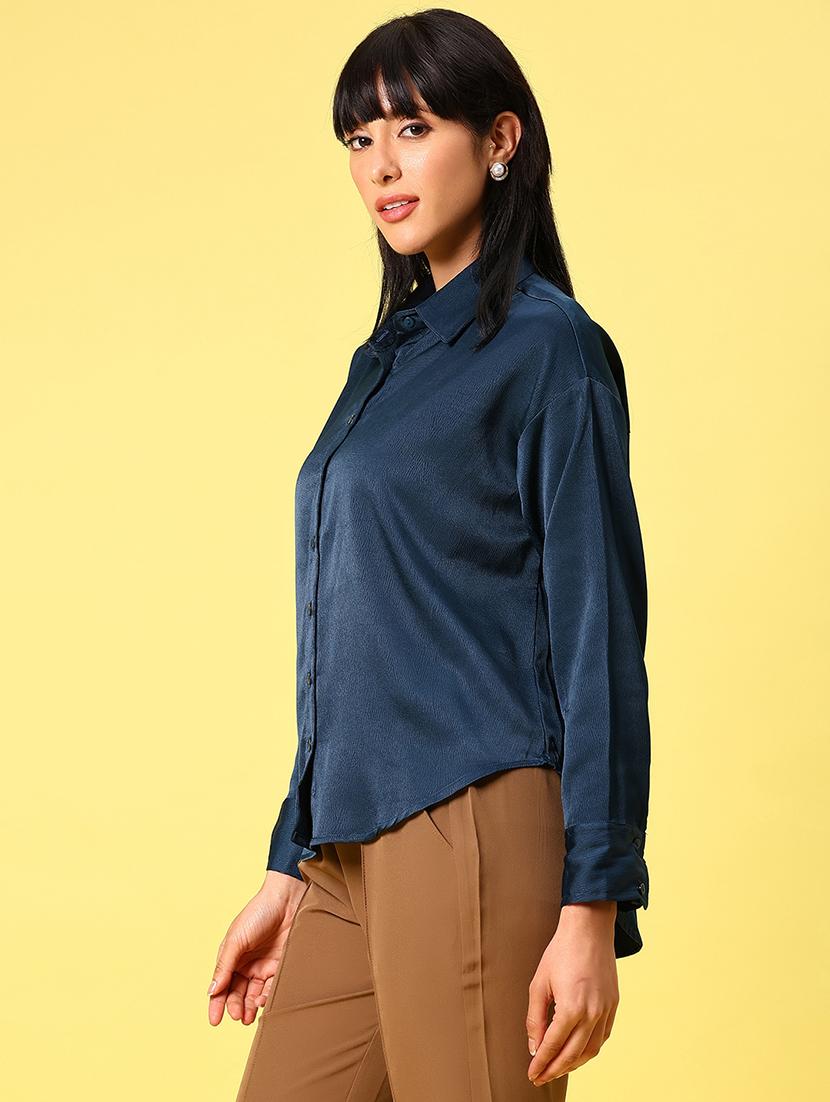 women solid collored long sleeve high low shirt - 21946731 - Standard Image - 2
