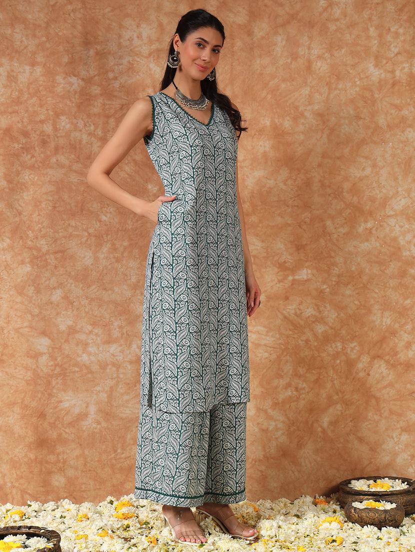 women printed sleeveless kurta palazzo with dupatta set - 21946743 - Standard Image - 2