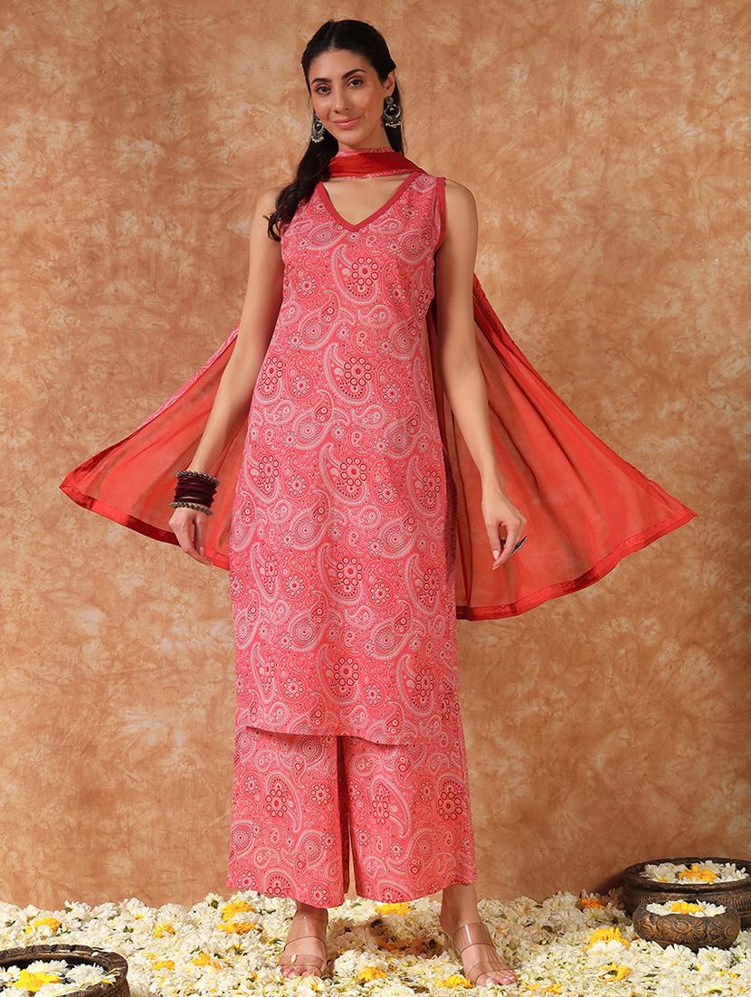 women paisley printed sleeveless kurta palazzo with dupatta set - 21946745 -  Zoom Image - 0
