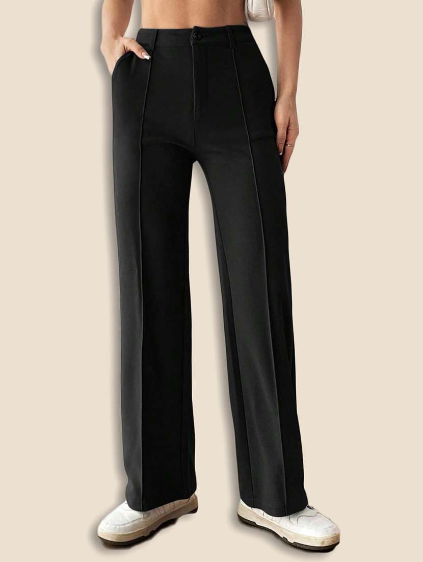 women solid high rise straight trouser