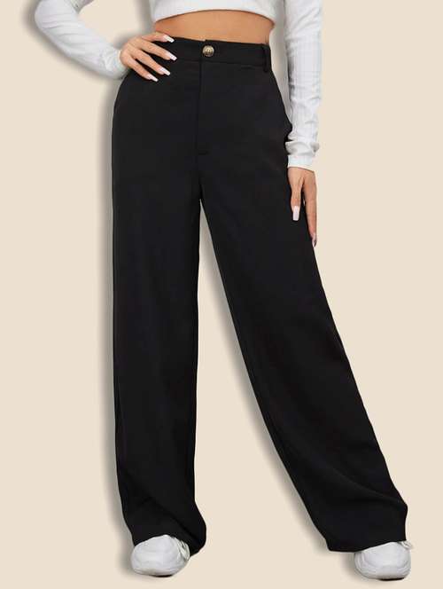 women solid high rise wide leg trouser