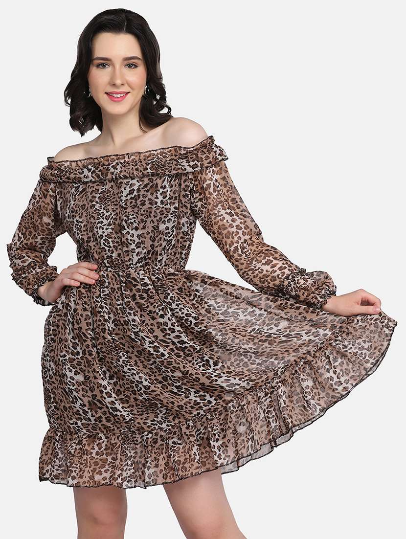 women animal print off shoulder tiered dress - 21946790 - Standard Image - 2