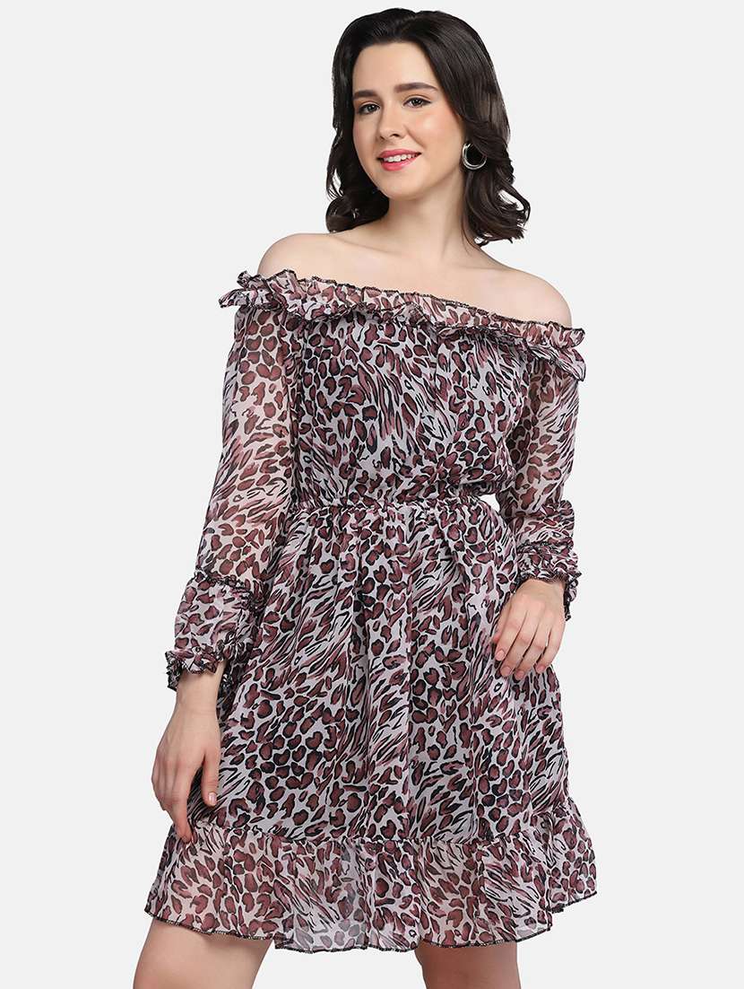 women animal print off shoulder tiered dress - 21946791 - Standard Image - 2