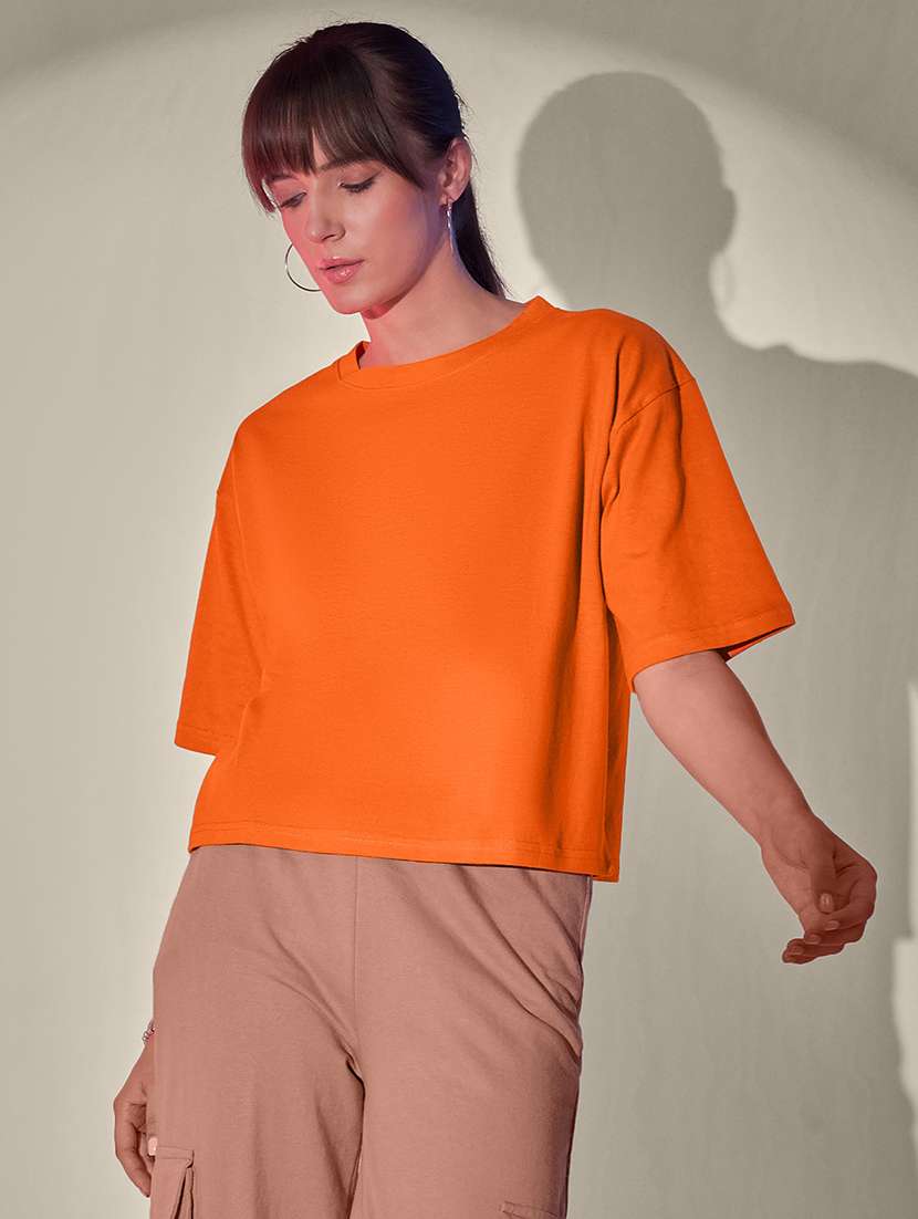 women solid short sleeve crop t-shirt