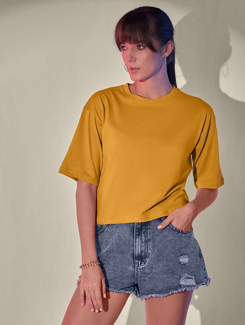 women solid short sleeve crop t-shirt