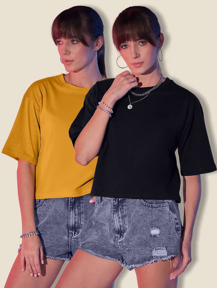 women pack of 2 solid short sleeve crop t-shirt