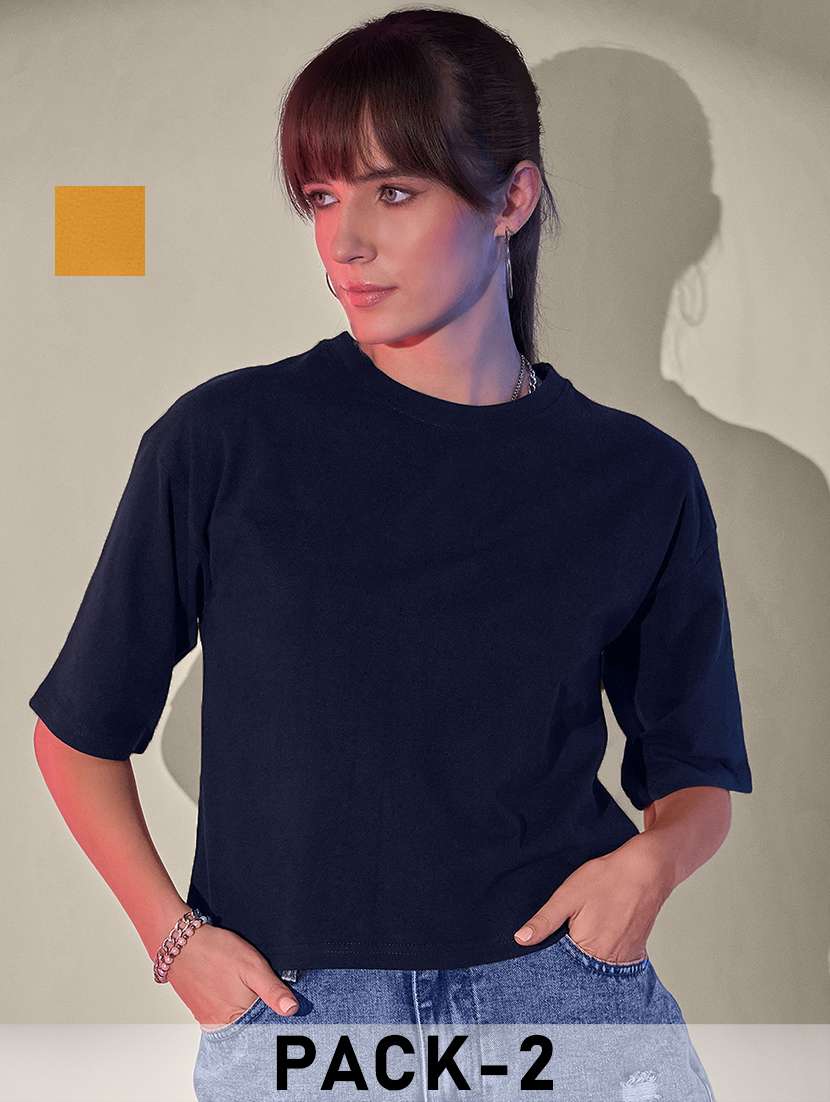 women pack of 2 solid short sleeve crop t-shirt