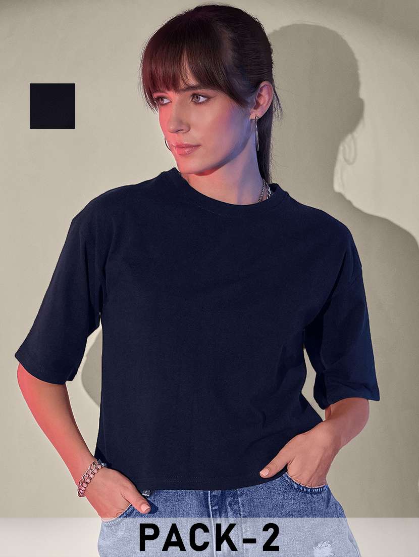 women pack of 2 solid short sleeve crop t-shirt