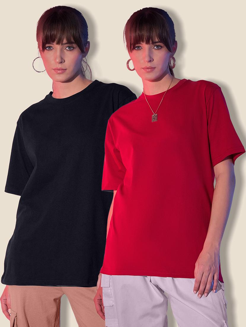 women pack of 2 solid short sleeve oversized t-shirt