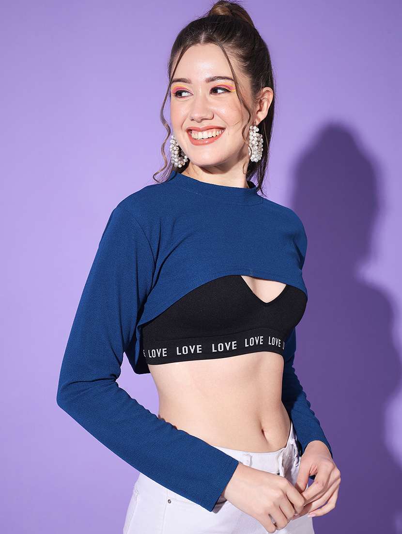 women blue solid long sleeve crop top - 21946870 -  Standard Image - 2