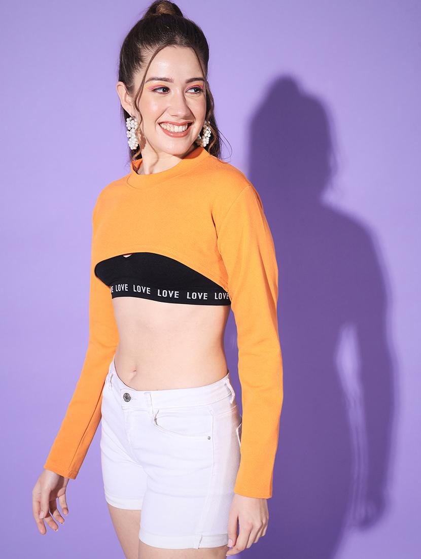 women solid long sleeve crop top - 21946871 - Standard Image - 2