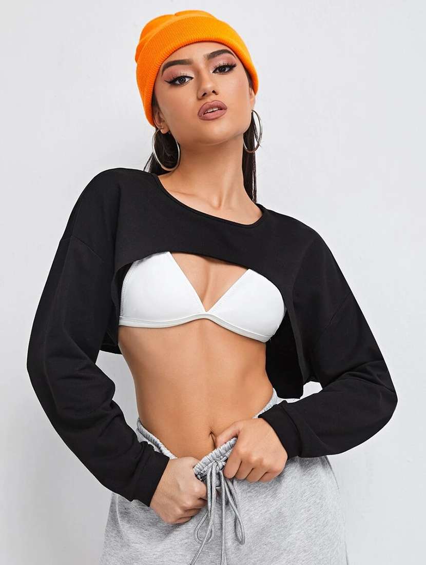 women black solid long sleeve crop top