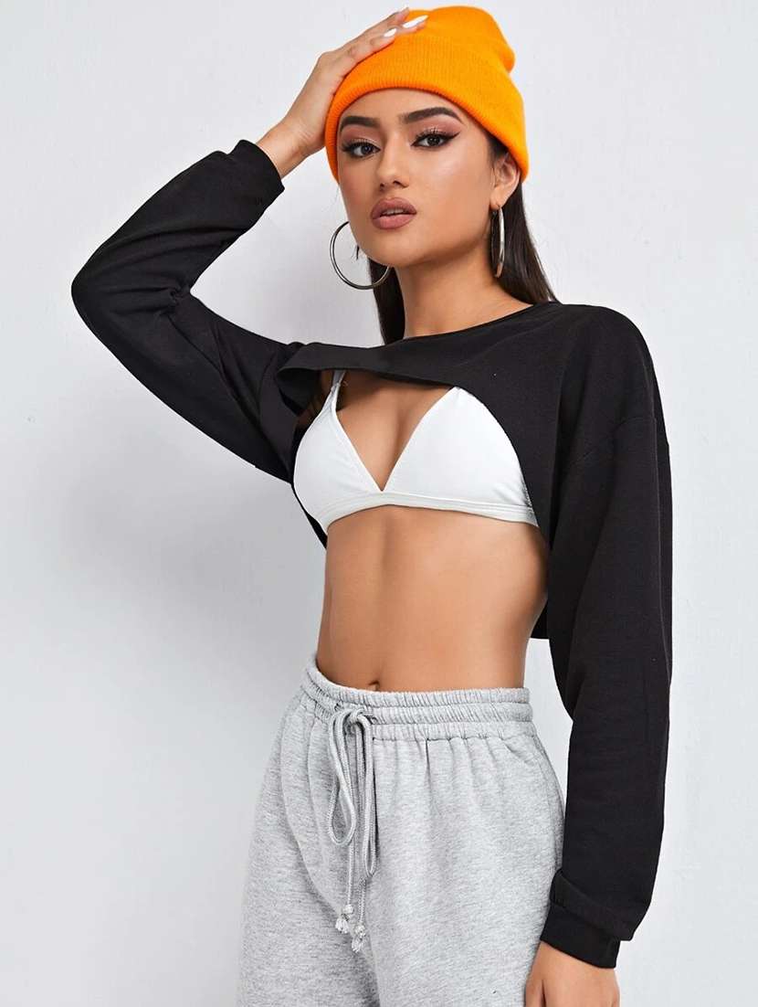 women black solid long sleeve crop top - 21946872 - Standard Image - 2