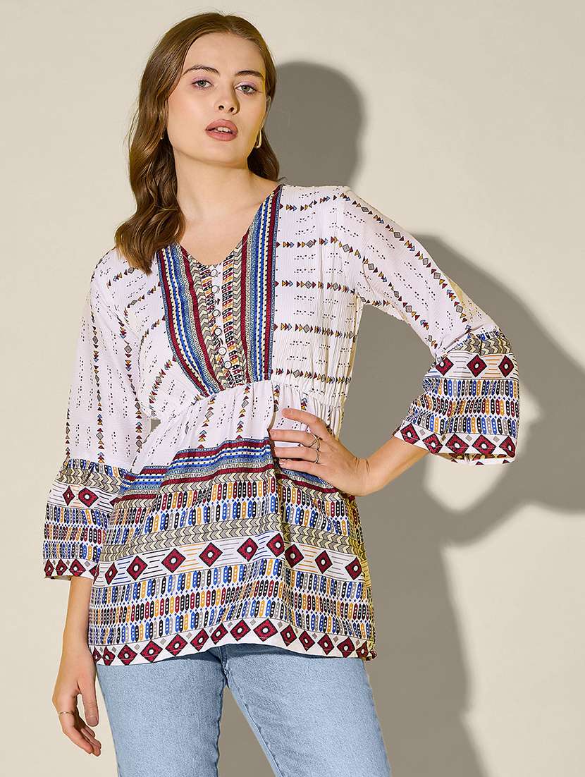women printed bell sleeve flared top