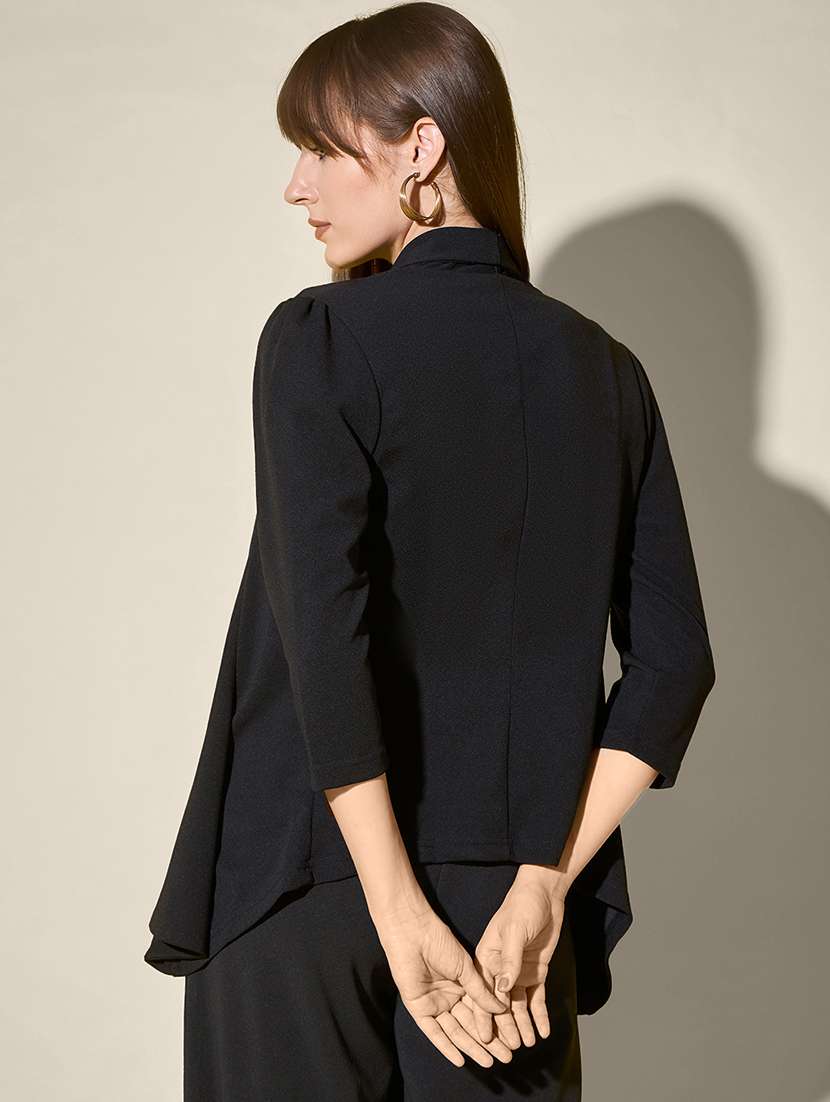 women black solid puff sleeve shawl collar single breasted blazer - 21947418 - Standard Image - 2