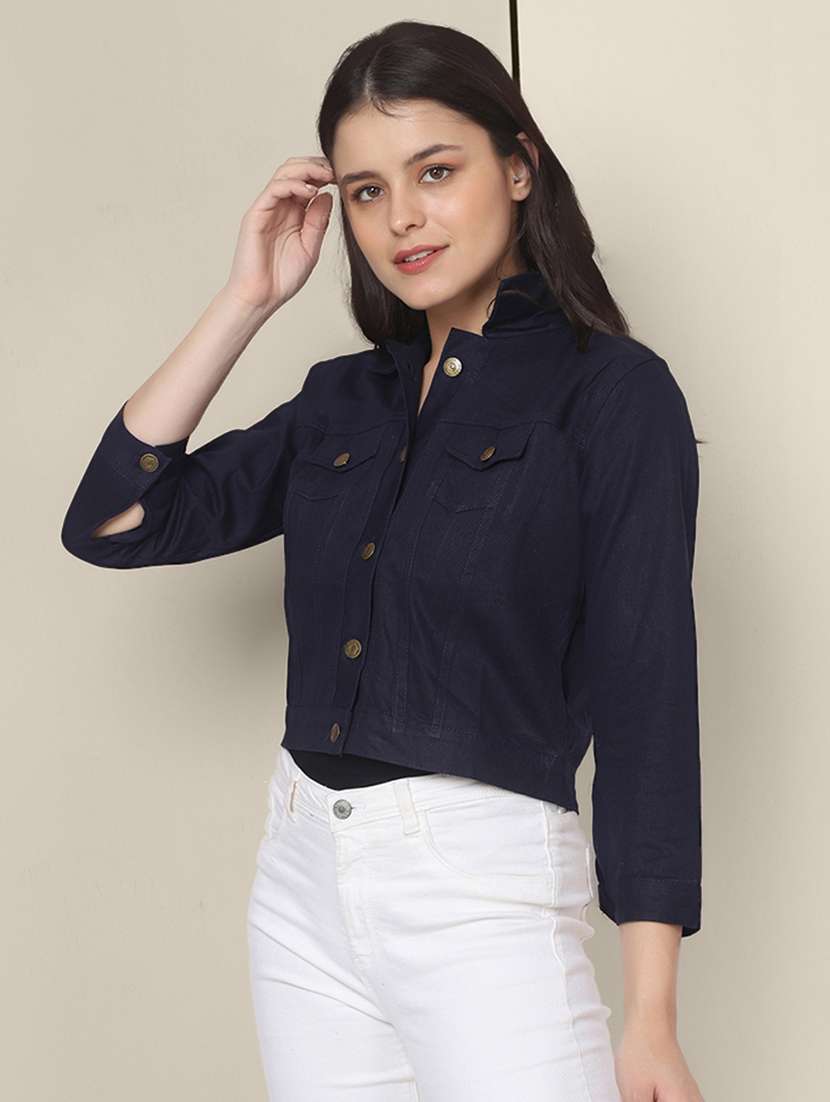 women solid collared denim summer jacket - 21947443 - Standard Image - 2