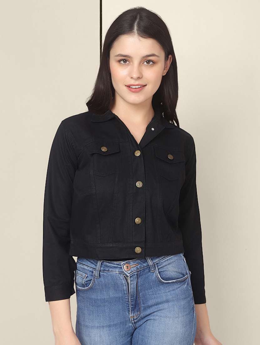 women black solid summer denim jacket