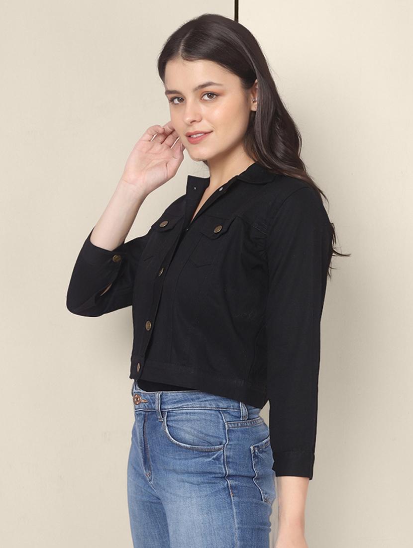 women black solid summer denim jacket - 21947445 - Standard Image - 2