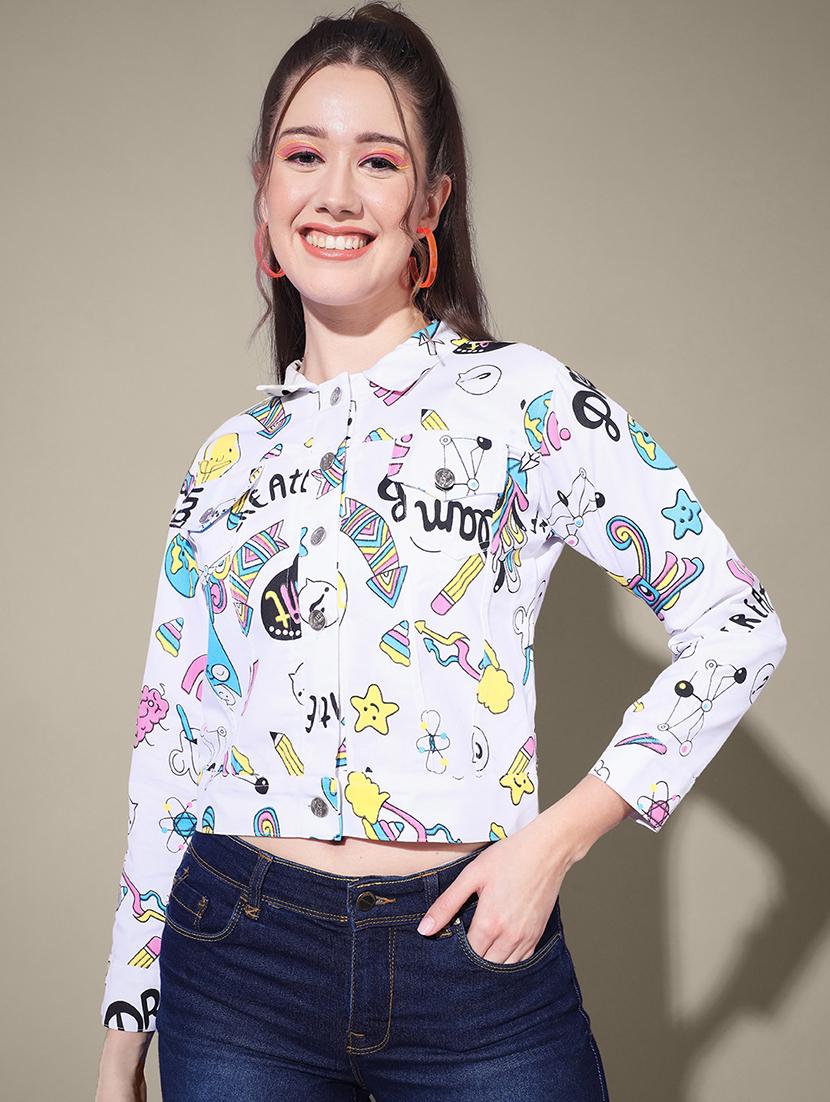 women printed collared denim summer jacket - 21947447 - Standard Image - 2