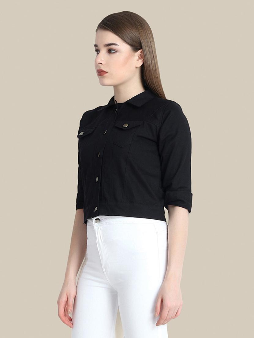 women solid collared denim summer jacket - 21947456 - Standard Image - 2