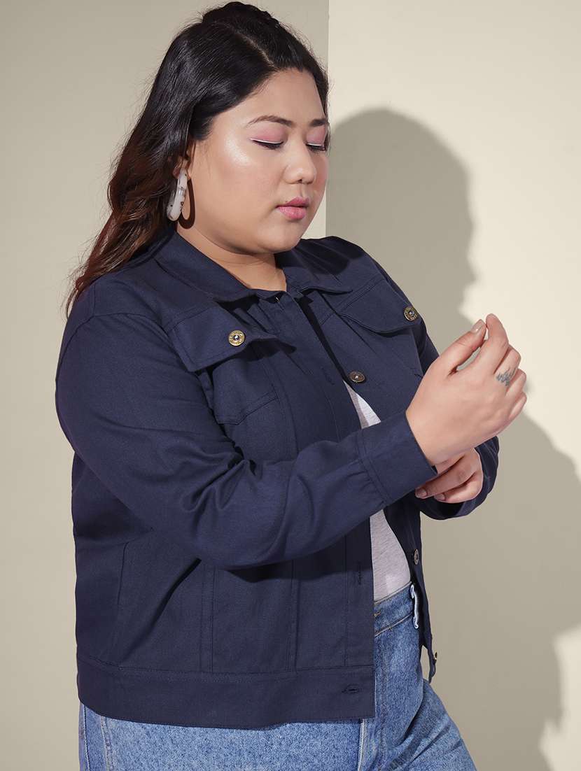 women solid collared denim summer jacket - 21947458 - Standard Image - 2