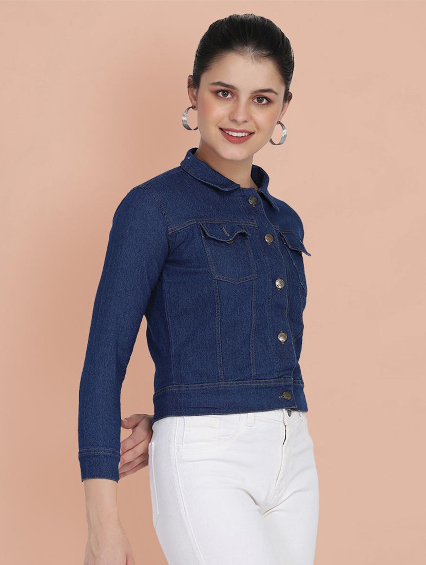 women solid collared denim summer jacket - 21947463 - Standard Image - 2