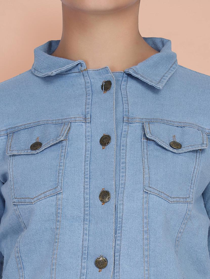 women solid collared denim summer jacket - 21947464 - Standard Image - 2