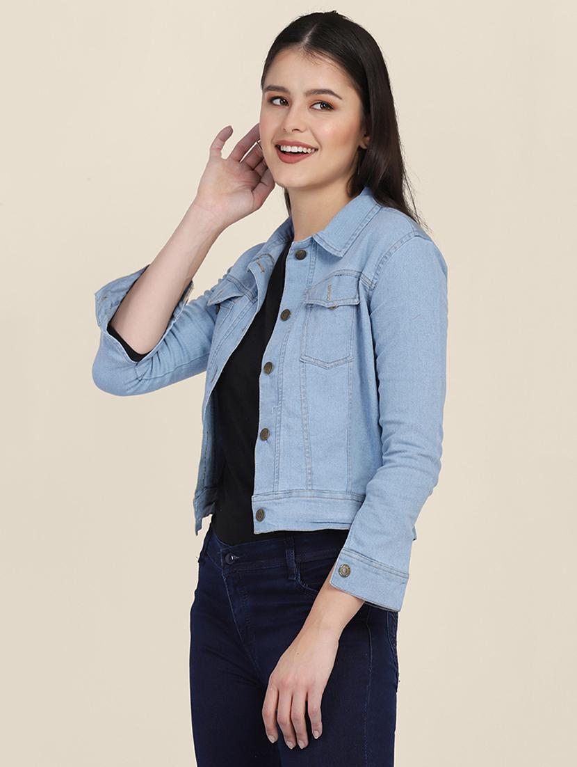 women solid collared denim summer jacket - 21947465 - Standard Image - 2