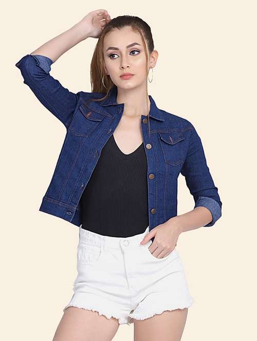 women solid collared denim summer jacket - 21947466 -  Standard Image - 0