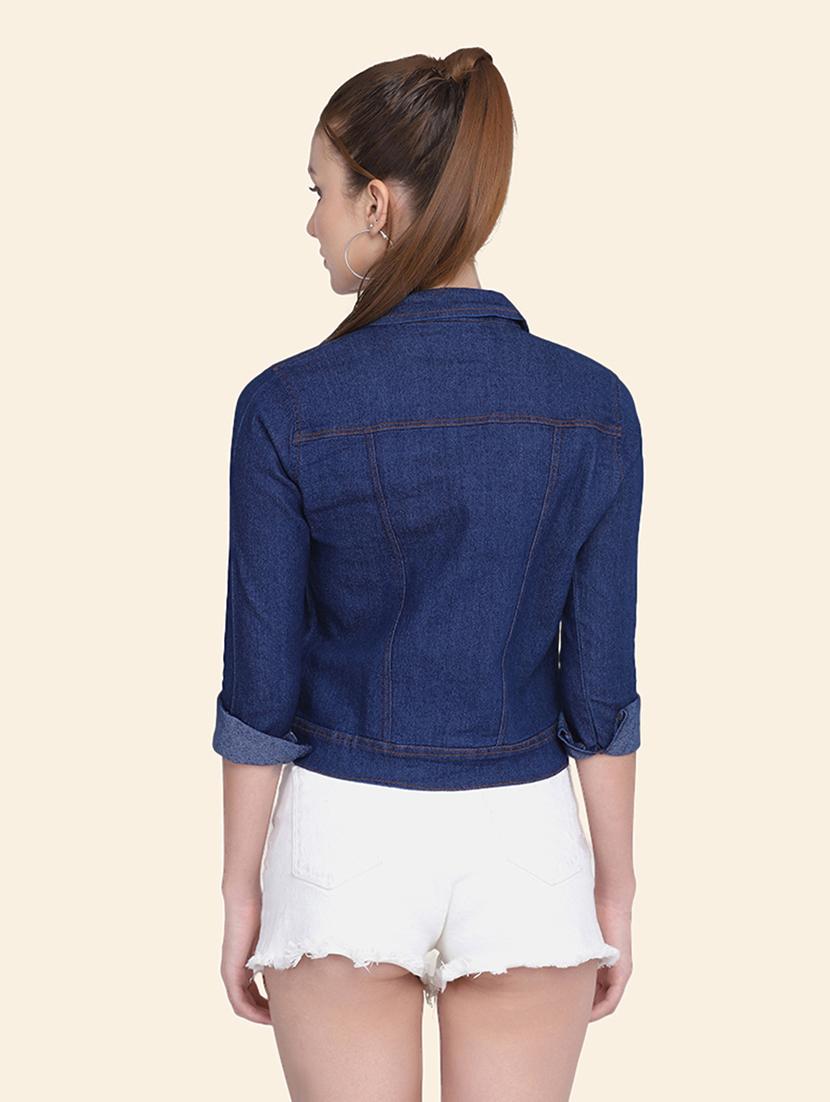 women solid collared denim summer jacket - 21947466 - Standard Image - 2