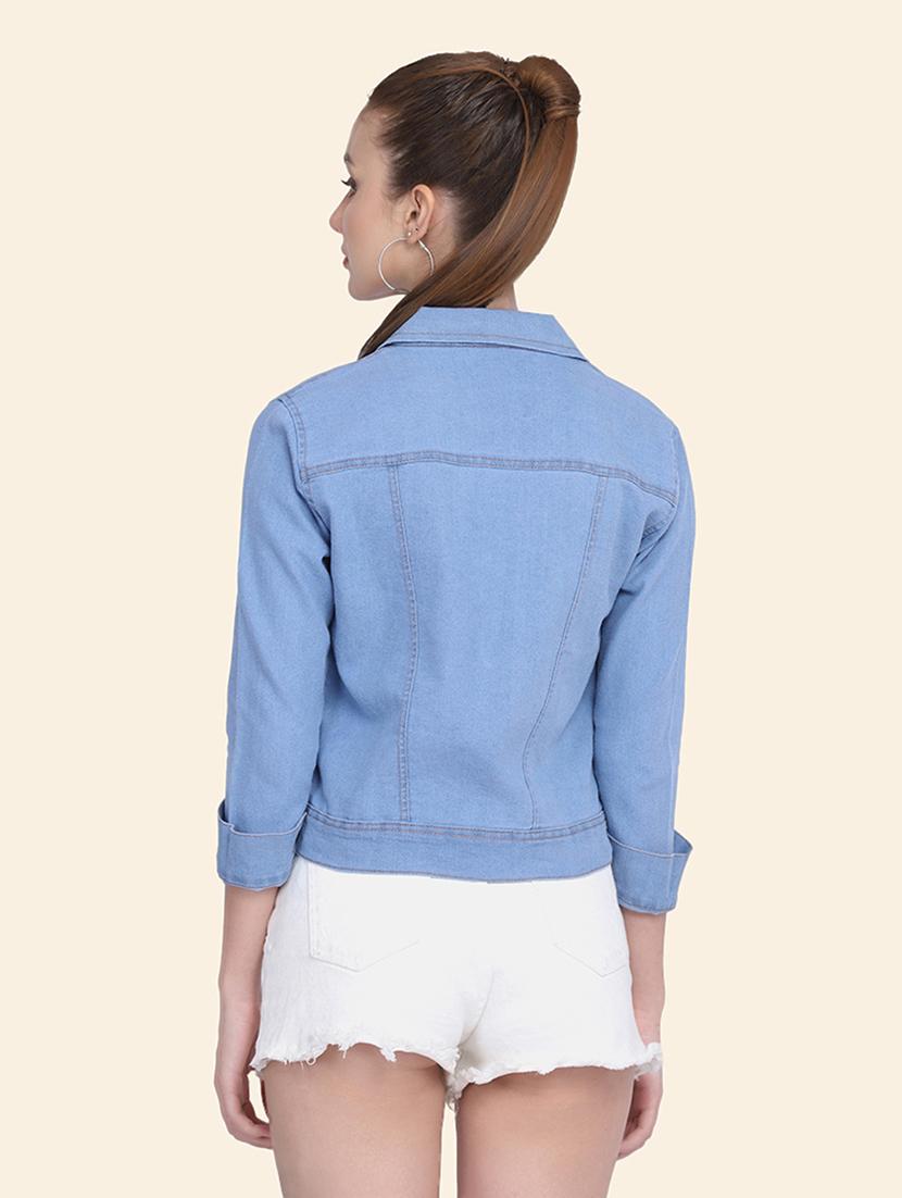 women solid collared denim summer jacket - 21947467 - Standard Image - 2