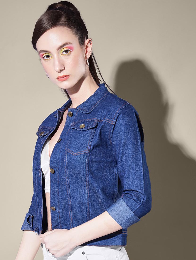 women solid collared denim summer jacket - 21947468 - Standard Image - 2